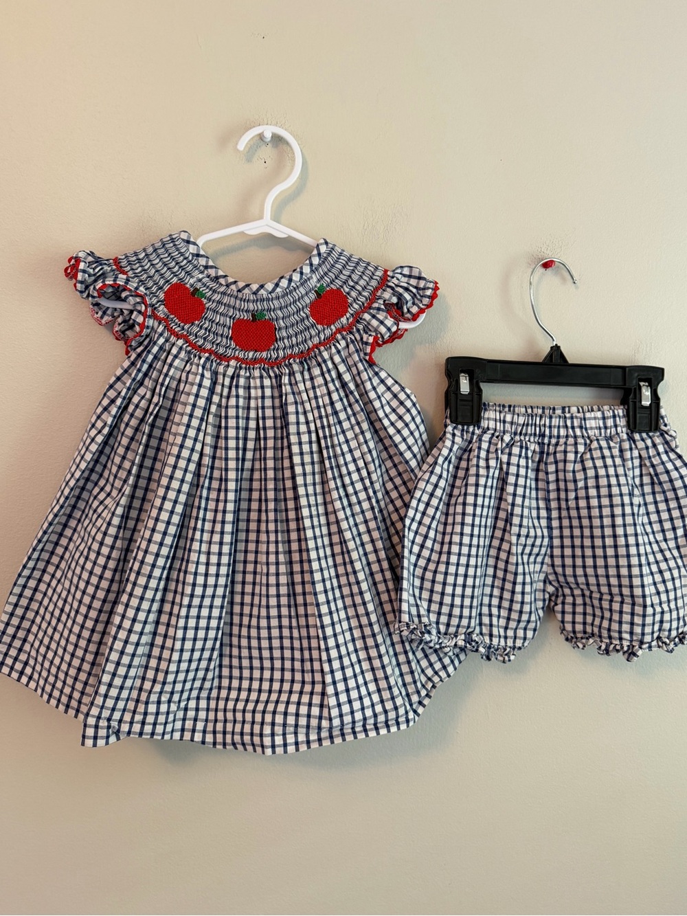 Eliza James Smocked Apple Dress and Bloomers - Navy & Red